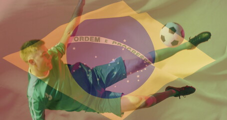 Image of caucasian male soccer player over flag of brazil