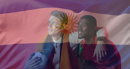 Image of diverse male supporters over flag of argentina