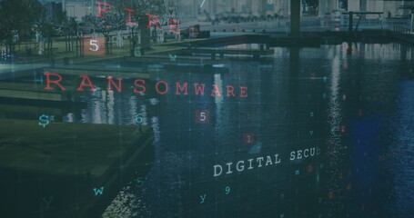 Image of cyber security and numbers over cityscape