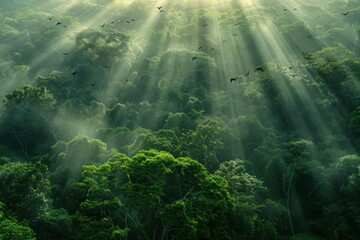 Sunbeams Piercing Through Misty Tropical Forest
