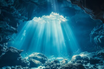 Sunlight Filtering into an Underwater Cave
 - obrazy, fototapety, plakaty