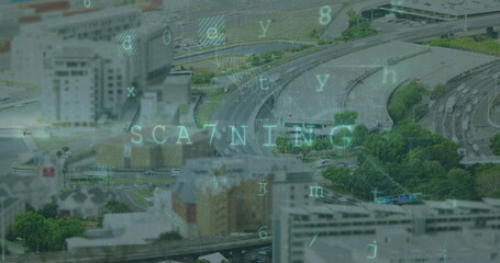 Image of digital padlock and scanning over cityscape