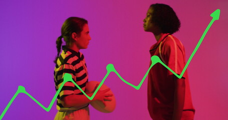 Image of data processing over female rugby players on neon background