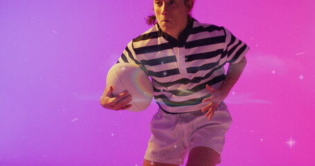 Image of flickering light over female rugby player on neon background