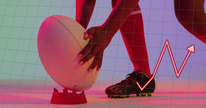 Image of data processing over female rugby player on neon background