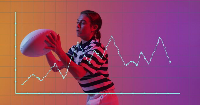 Image of data processing over female rugby player on neon background