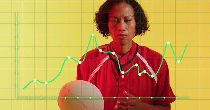 Image of data processing over female rugby player on neon background