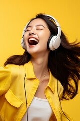 A delighted young Asian lady swaying to the rhythm of her music through headphones, her smile illuminating the yellow background with sheer joy.