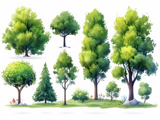 Contemporary Illustrations of Elm Trees on White Background Generative AI