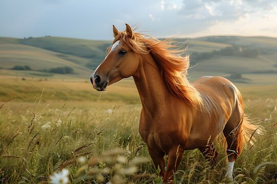 Portrait of a Majestic Brown Stallion in Nature's Pasture, Beautiful Horse Grazing in a Green Meadow, Portrait of a Brown Mare in the Serene Pasture, Stunning Portrait of a Horse Amidst Green Fields, 