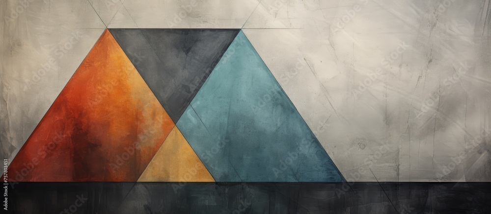 Poster a visually striking piece of art featuring three colorful triangles displayed symmetrically on a wal