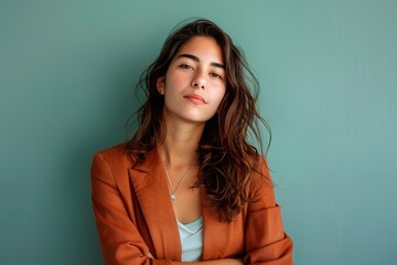 Obraz premium A woman in an orange jacket is standing in front of a blue wall