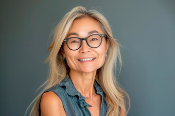 A woman with long blonde hair and glasses is smiling