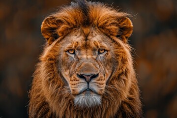 Intense gaze of a lion with a deep golden mane against a blurred backdrop