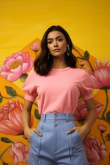 A radiant vision of loveliness in a flower top and pink jeans, the young woman's pose against the yellow backdrop a symbol of beauty in full bloom.