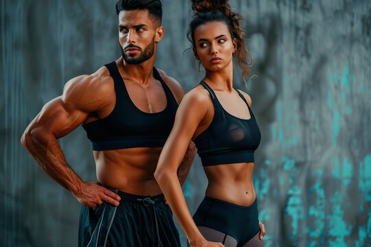 A man and a woman are posing for a photo in black workout clothes