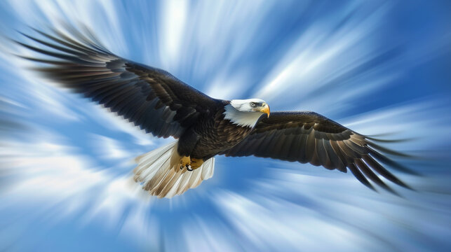 the movement of an eagle flying fast in the blue sky. Eagles fly powerfully, their wings spread wide in the air, Ai Generated images