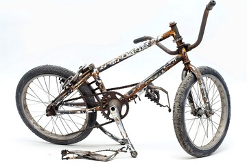 Fototapeta premium Broken bicycle isolated on white background Generative Ai 