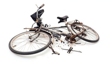Broken bicycle isolated on white background Generative Ai 