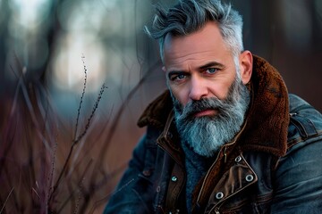 Obraz premium A man with a beard and gray hair is wearing a brown jacket