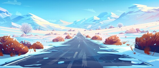 Snowy meadows with bushes and trees leading to rocky mountains in winter. Cartoon landscape with asphalt highways, fields covered in snow and hills in the distance. - obrazy, fototapety, plakaty