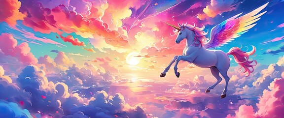 Unicorn flying on colorful clouds, beautiful fantasy white horse, magical background - obrazy, fototapety, plakaty