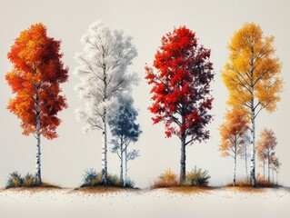 Collection of Silver Birch Trees Illustrations on White Background Generative AI - obrazy, fototapety, plakaty