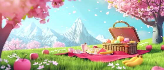An outdoor picnic scene with snacks and fruits on a red blanket and in a basket on green grass under pink cherry or sakura trees at the foot of the Rocky Mountains. Spring cartoon scene with a lunch