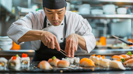 Focused sushi chef carefully assembling sushi rolls on a busy restaurant counter with precision and artistry.