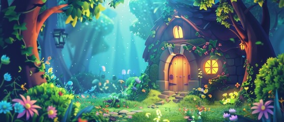 This cartoon fairytale summer woods landscape features a magical house for the gnome or the elf with doors, windows, and a lantern in a forest with green trees and fantastic neon glowing flowers.