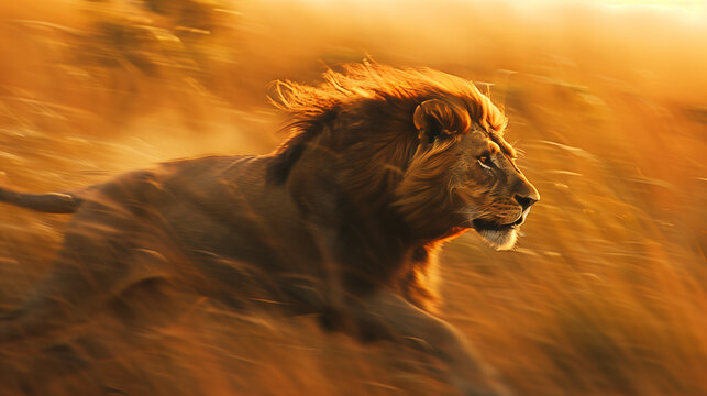 a lion running fast across the savanna grassland. Lion seen in fast and powerful movement, Ai generated Images