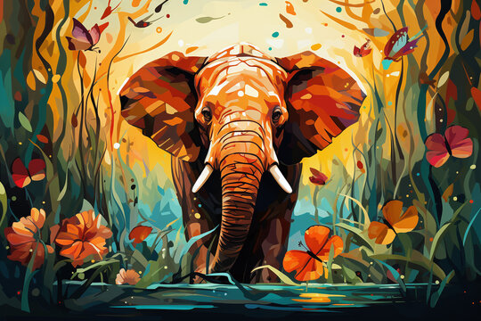 A colorful digital painting of a majestic African elephant with large tusks standing in a lush green forest.