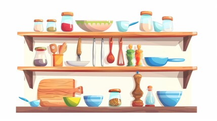 Modern illustration of home or restaurant cooking equipment, clean bowls, cups, wooden chopping board, salt and pepper jars, sharp knives on a kitchen shelf.