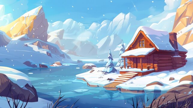 Snowy winter landscape with wooden cabin on tilt near rocky mountains. Modern illustration of natural snowy landscape with house and hotel for camping and outdoor vacation.