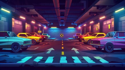 Underground parking with retro cars at night. Modern cartoon illustration showing many cars lit by lamps, traffic arrows drawn on ground and crossing sign at night.