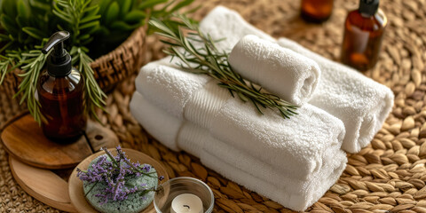 Obraz na płótnie Canvas flat lay Luxurious Towels and Robes: Arrange plush and neatly folded towels and robes, showcasing the comfort and quality associated with spa experiences. Aromatherapy Diffuser: Feature an elegant aro
