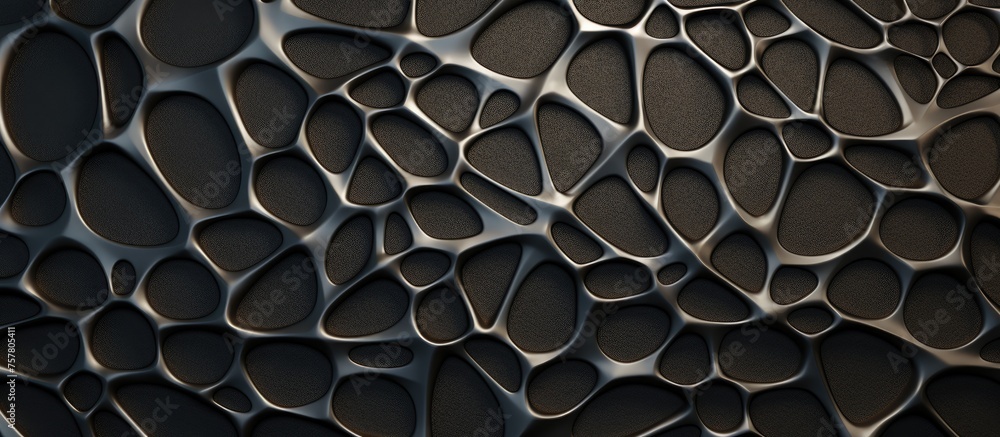 Poster a detailed shot of a grey composite material grille with a circular pattern, resembling wire fencing