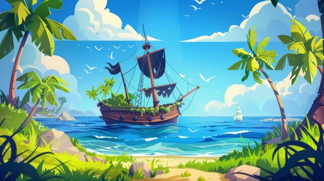 Cartoon summer seascape with pirate ship floating on sea or ocean water near shore covered with green grass with palm trees and blue sky with clouds. Corsair boat on lagoon near beach.