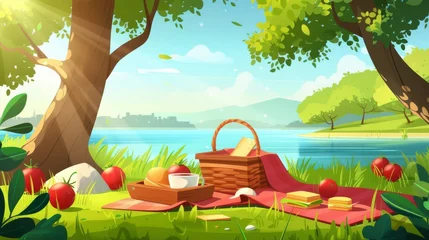 Fototapeten Cartoon summer landscape with outdoor lunch and relax concept showing wicker basket with food, red blanket on green grass with coffee, sandwich, and fruit on lake shore under trees. © Mark