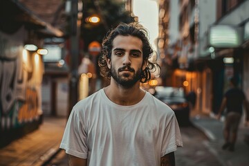 Fototapeta premium A man with a beard and long hair is standing on a city street