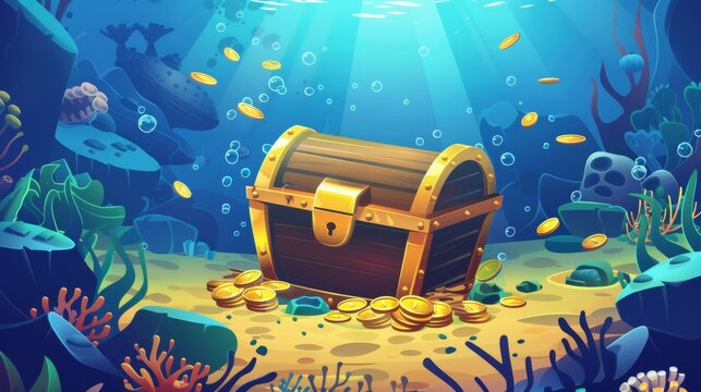 An underwater kingdom with corals and algae surrounds a wooden treasure chest with gold coins. Cartoon modern illustration of a box with gold on sand.