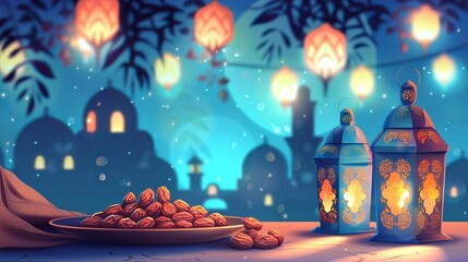 Obraz premium Hand-drawn Ramadan Iftar featuring a Blue Fanous Lantern and Sweet Dates for the celebration of Ramadan Kareem, the Islamic Holy Month.