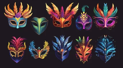 Gardinen Animated modern illustration of a set of colorful carnival masks set on a black background. Modern illustration of various elements of a masquerade costume, decorated in feathers, a color pattern, © Mark