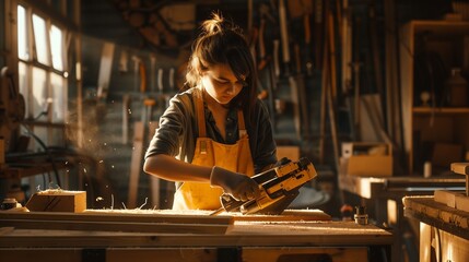 Focused female carpenter using a hand plane on a piece of wood in a sunlit workshop. The warmth of the light emphasizes the sawdust in the air and her meticulous work on the wooden plank. - obrazy, fototapety, plakaty