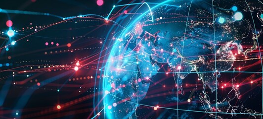 Digital representation of the Earth with glowing network connections. The focus on North America and parts of Europe and Asia highlights global communication and connectivity.