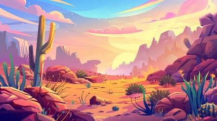 Desert landscape with rocks, cliffs and cactus on sunrise or sunset. Cartoon modern illustration of a sandy setting with canyons, wild cactus and grass flooded with pink light. - obrazy, fototapety, plakaty