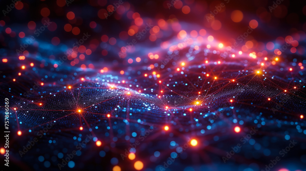 Poster abstract network connection with nodes and bright links on dark background, concept of digital techn