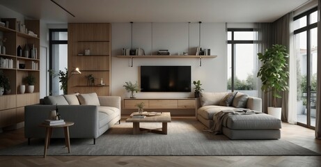 Contemporary comfort Interior design showcasing a modern living room in a Scandinavian studio apartment, combining functionality with minimalist aesthetics