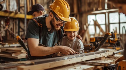 A cheerful adult carpenter in a workshop guides a young apprentice in woodworking. Both are wearing safety helmets, focusing on planing a wooden plank. - obrazy, fototapety, plakaty