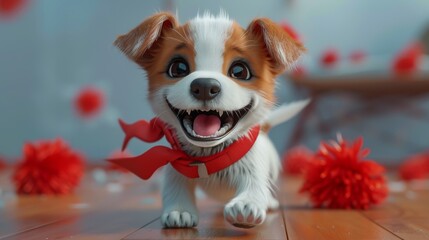 A joyful puppy with a vivid red ribbon exudes happiness, surrounded by a festive atmosphere with...